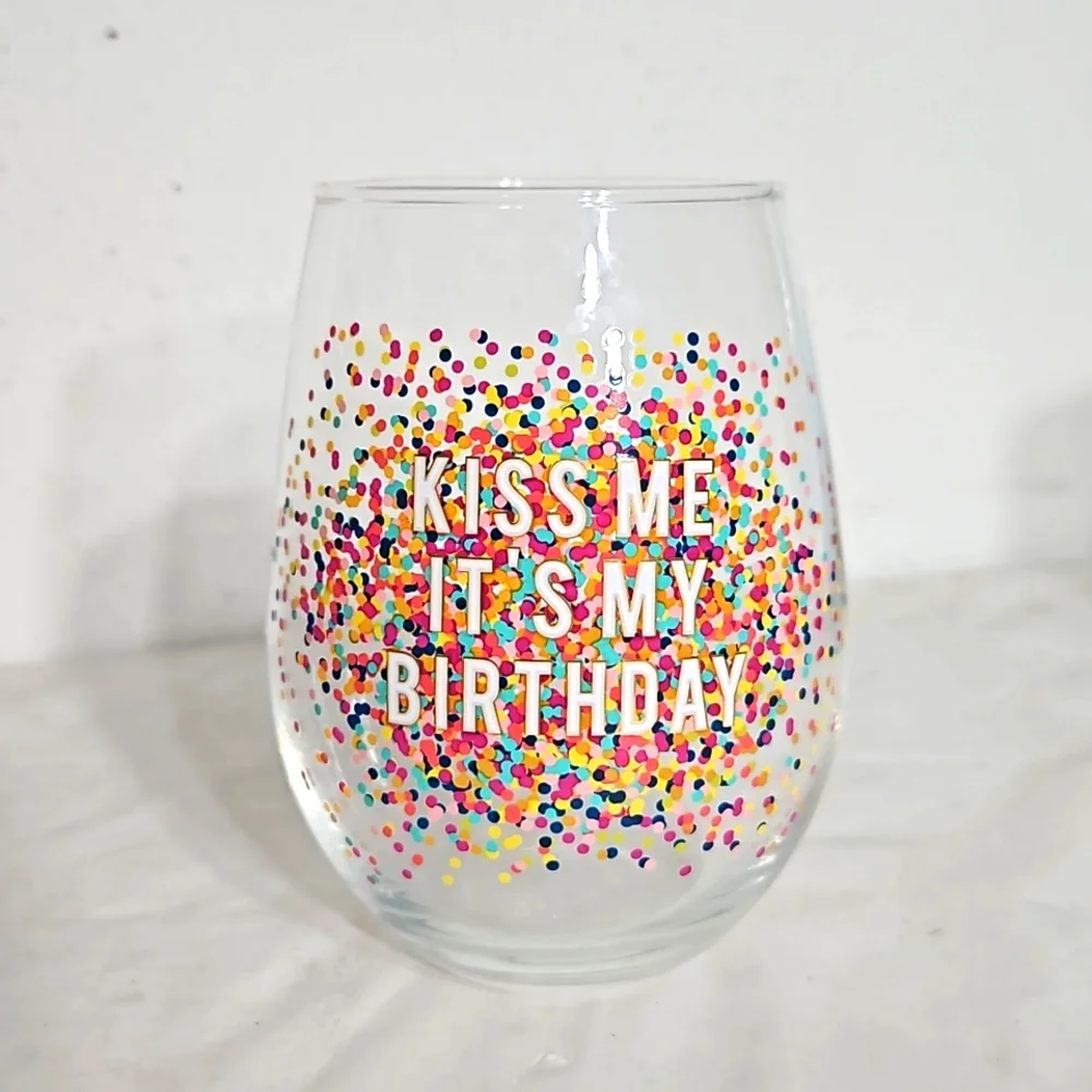 kiss me it's my happy birthday multi color polka dot painted stemless wine Glass